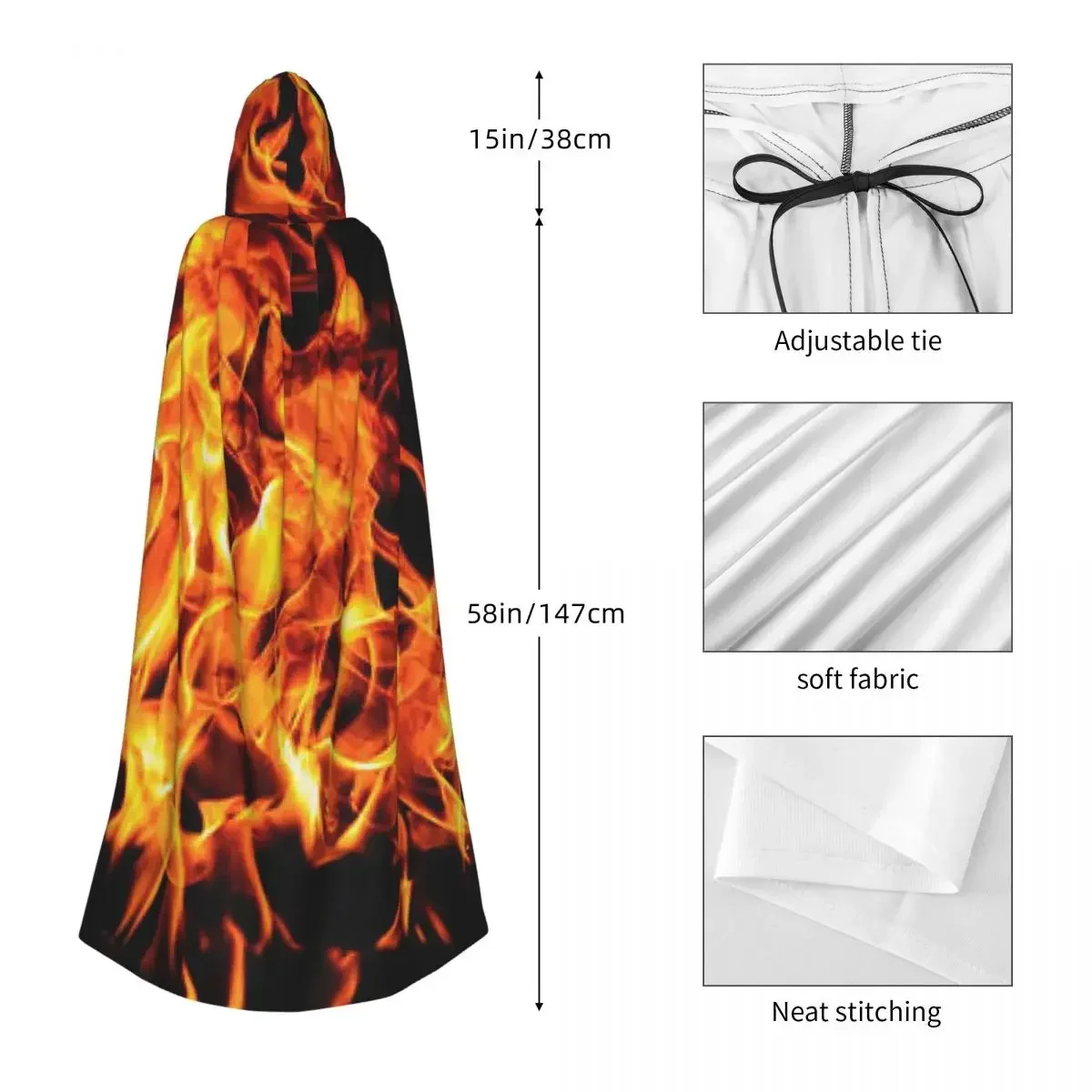 Custom Flame Patterns Long Hooded Cloak Witch Medieval Costume Cosplay Cape HalloweenParty Adult Unisex