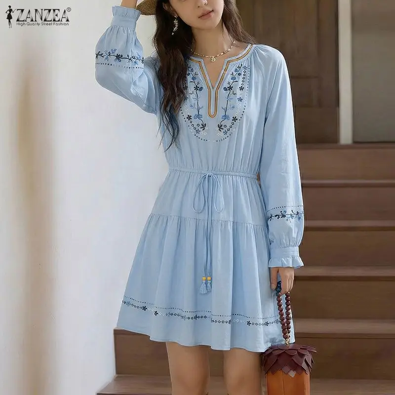 ZANZEA Floral Print Vacation A-Line Dress Women Vintage V Neck Long Lantern Sleeve Sundress Ruffled Drawstring Waist Vestidos