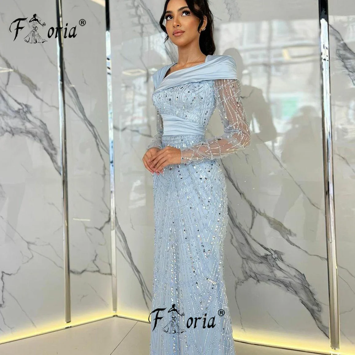 Vestido de fiesta de sirena con lentejuelas brillantes, azul cielo, mangas largas, vestidos de noche formales, Dubai