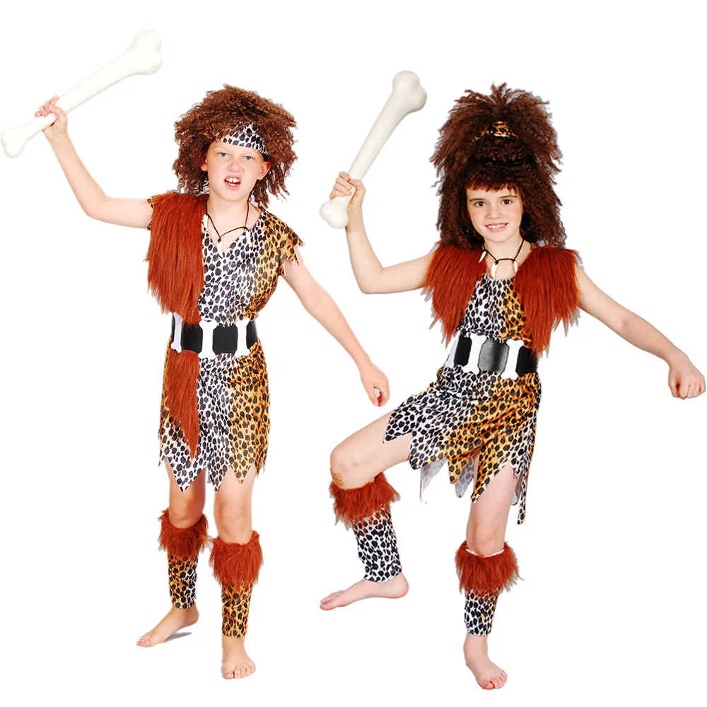 Halloween Children Indian Cosplay Costume Primitive Man Boys Girls Holiday Party Funny Clothes Sets Stage Performance Clothing