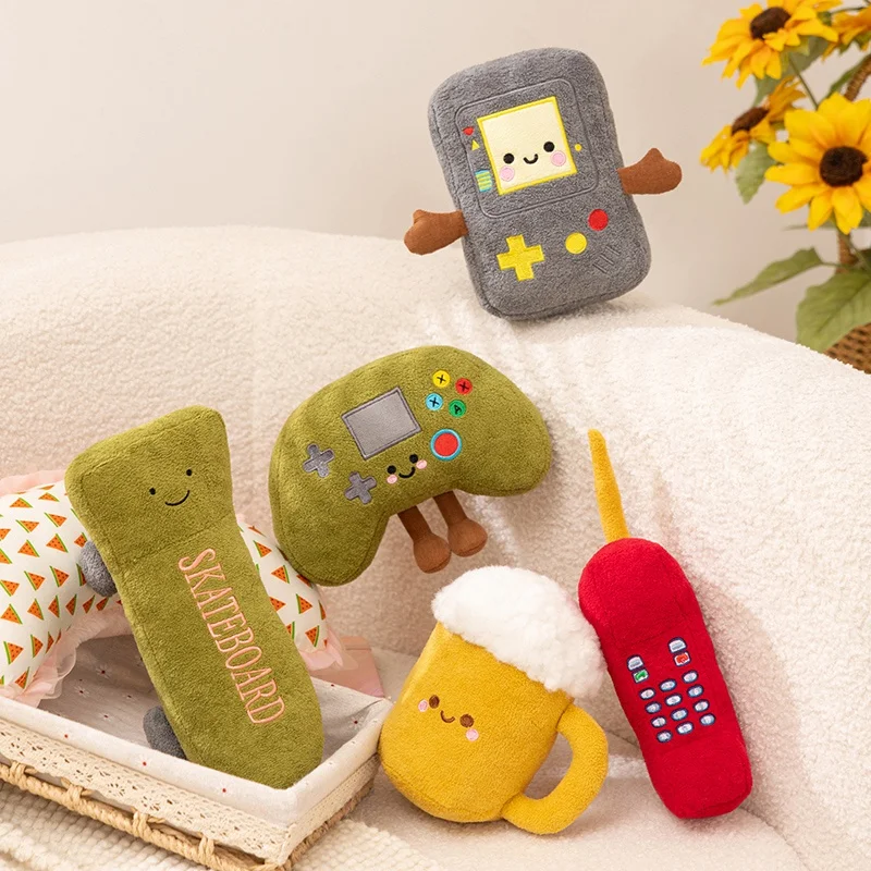 Creative Fun Game Plush Toy Cartoon Games Beer Skateboard Game Console Handle Mobile Phone Game Enthusiast Collection