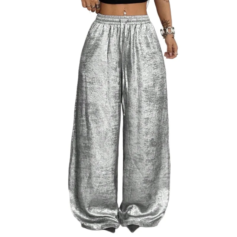 Women Y2K Shiny Bright Wide Leg Pants Elastic Drawstring Long Loose Baggy Trousers for Club Rave Festival Streetwear