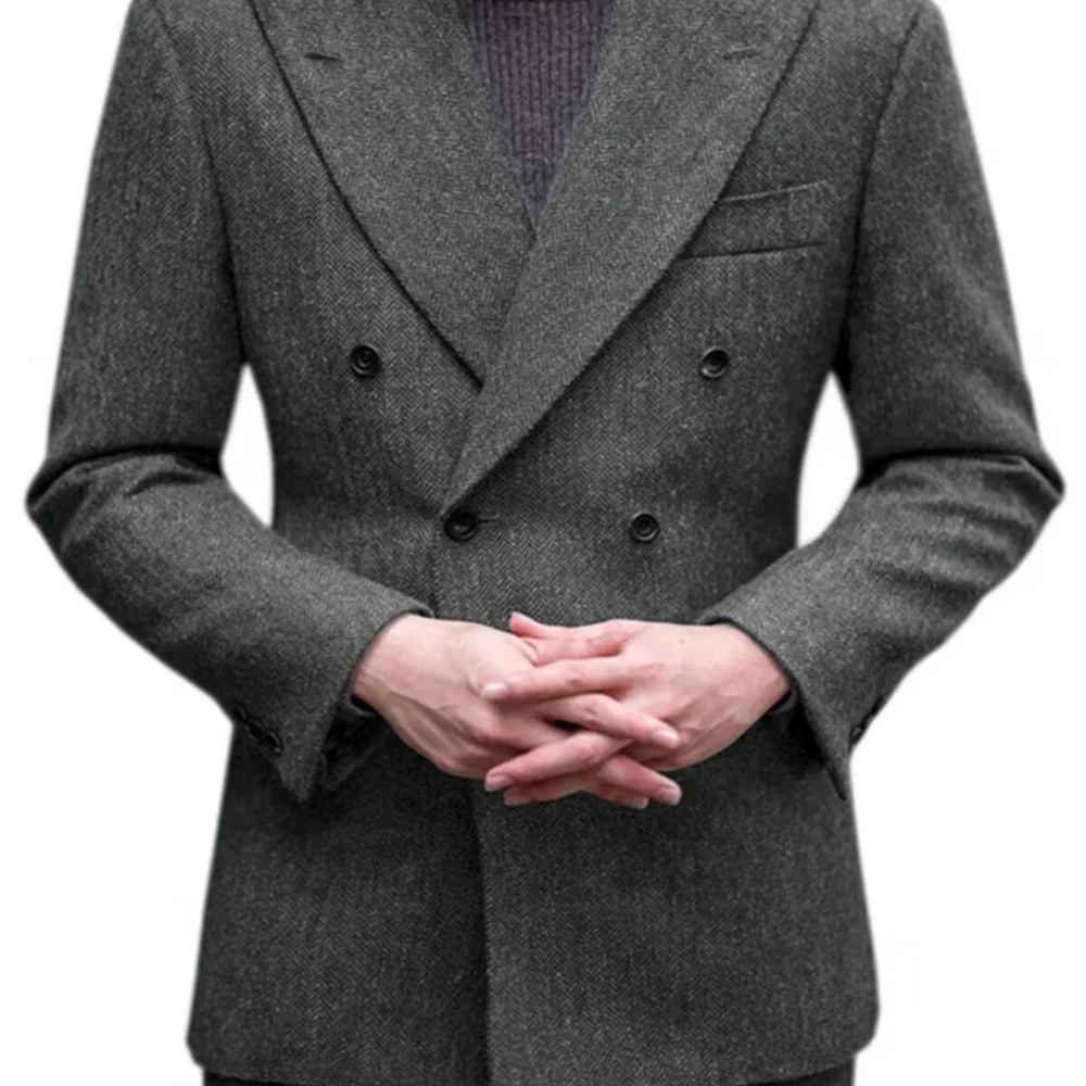 メンズ スタンダード タキシード ホース スパイン ジャケット ダブルブレスト グレー ブラウン ウール カジュアル 新郎用 ブリティッシュ スタイル スモーキング スーツ 2ピース