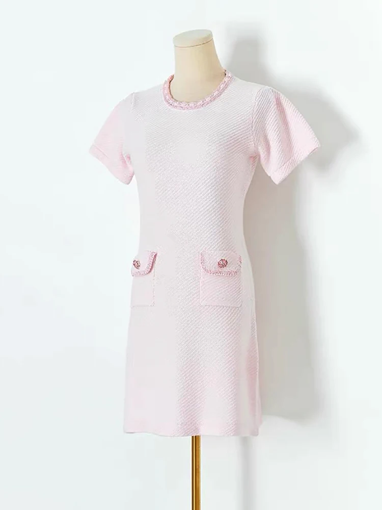 Pink Knitted Dress Women Round Neck Short Sleeve Diamond Button Sweet Female Mini Dress With Pocket C-100