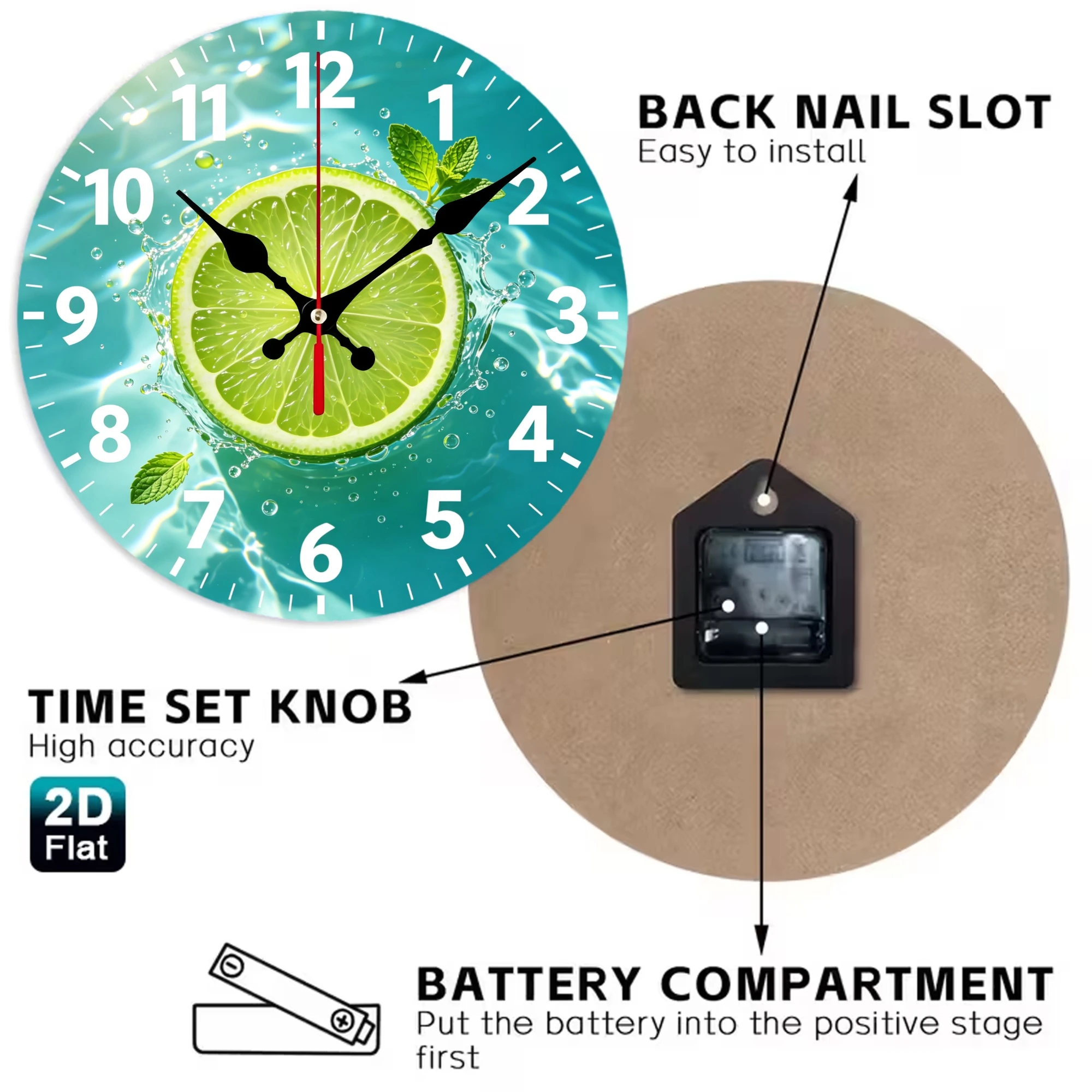Fresh Lime Mint Wooden Wall Clock, Silent Non Ticking Quartz Movement, 10/12 Inch Round Wood Clock for Home Decor, Living Room Bedroom Wall Decoration