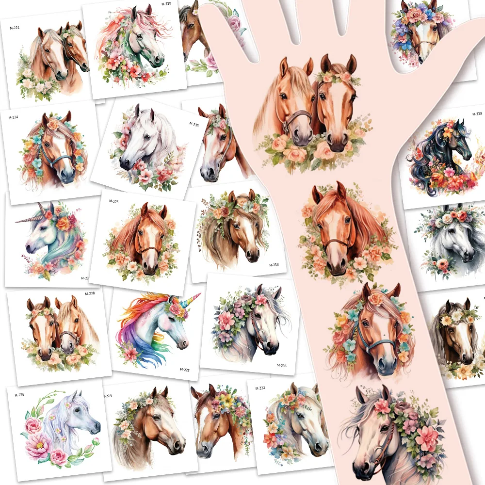 20 Sheets Horse Temporary Tattoos Stickers, Pretty Flowers Horses Music Festival Party Nightclub Birthday Party Favors Decor