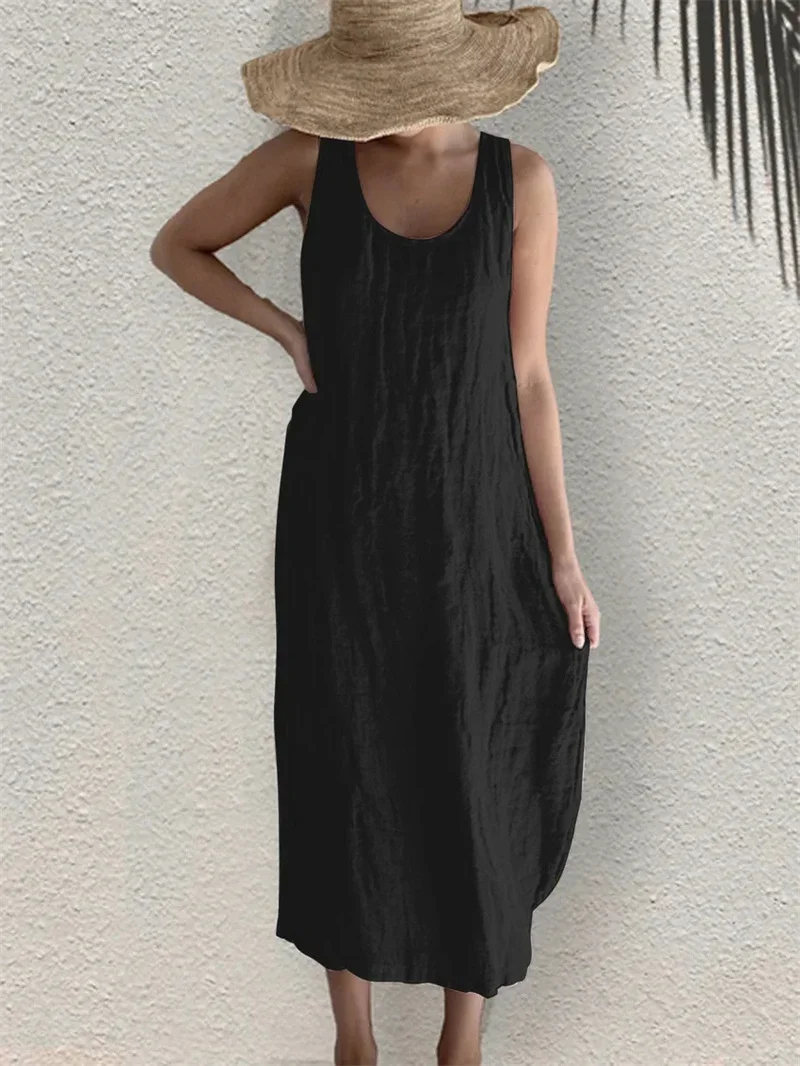 Women Comfortable Casual Cotton Linen Dresses 2024 Summer Solid Color Side Pockets Dress Female O Neck Pullover Sleeveless Gown