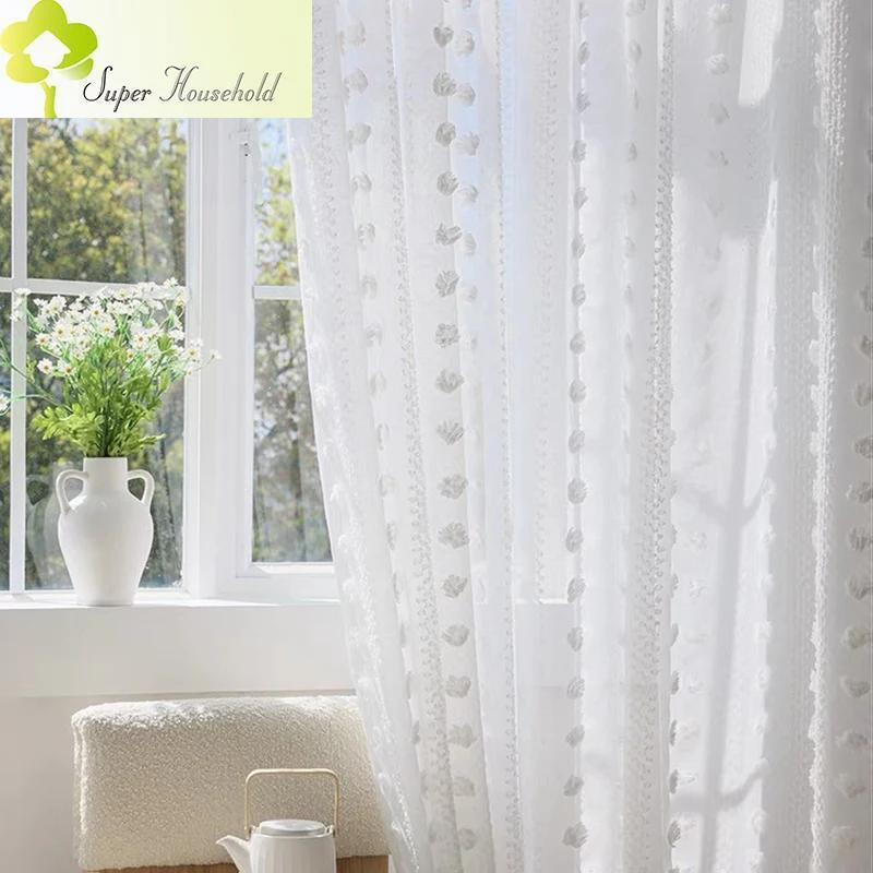 Romantic white 3D snow pom-pom all-match tulle curtains for living room bedroom sheer window screen balcony decorate