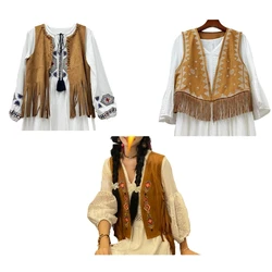 Women Tassels Vest 70s Hippie Faux Suedes Sleeveless Fringe Jackets Outwear Summer Hollow Open Front Cardigan Streetwear