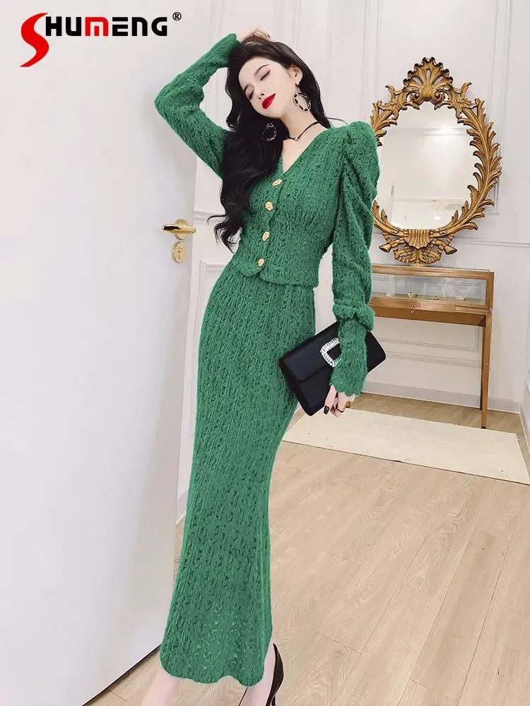 

Western Style Lace Suit Autumn and Winter Short Cardigan New Women's Puff Sleeve Top + High Waist Sheath Skirt Two Piece Set