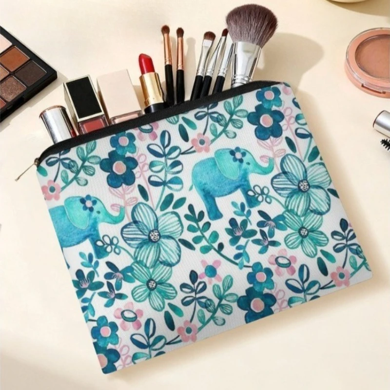 Cute Elephant & Floral Print Makeup Bag - Multi-functional Travel Cosmetic Pouch for Daily Beauty Essentials