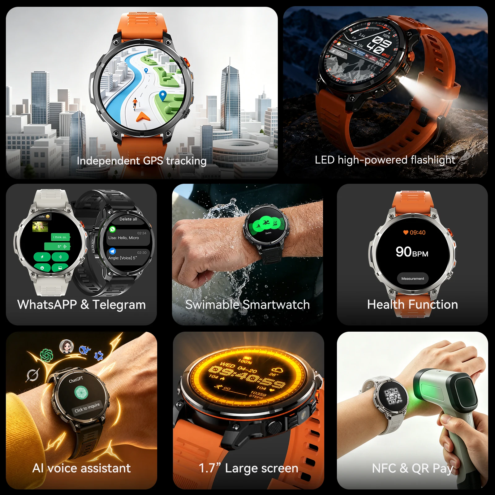 Domars 1.7-inch Men's Smartwatch with Built-in GPS Health Monitoring AI Voice Assistant Bluetooth Calling and LED Flashlight