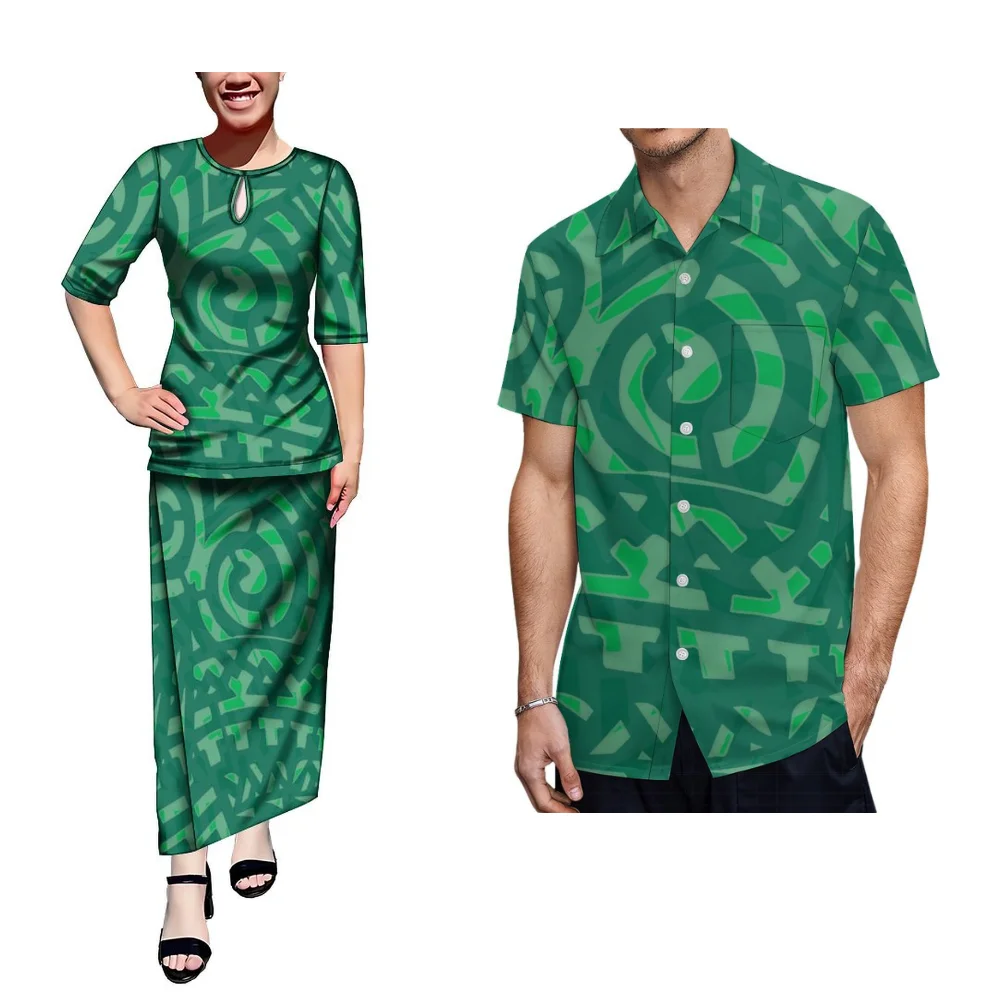 Samoa Tonga Island Style Polynesia With Couple Outfit Temperament Women Dress Two-Piece Set And Men Loose Pocket Shirt