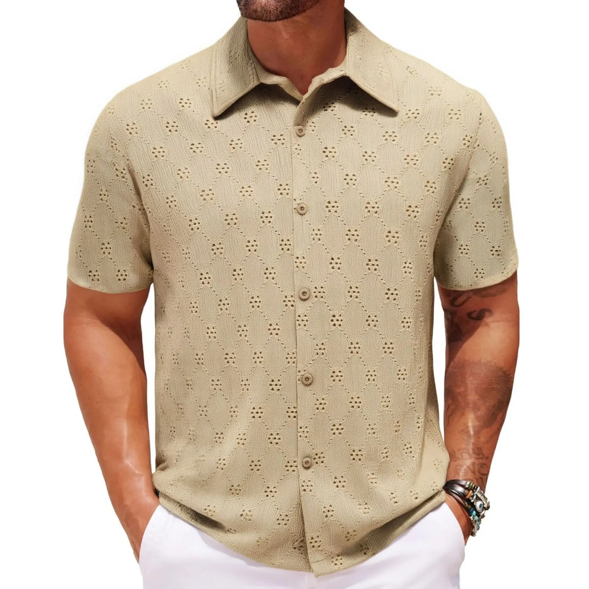 Men Hollow Jacquard Shirt Summer Casual Short Sleeved Lapel Hawaiian Shirts Designer Clothes Men