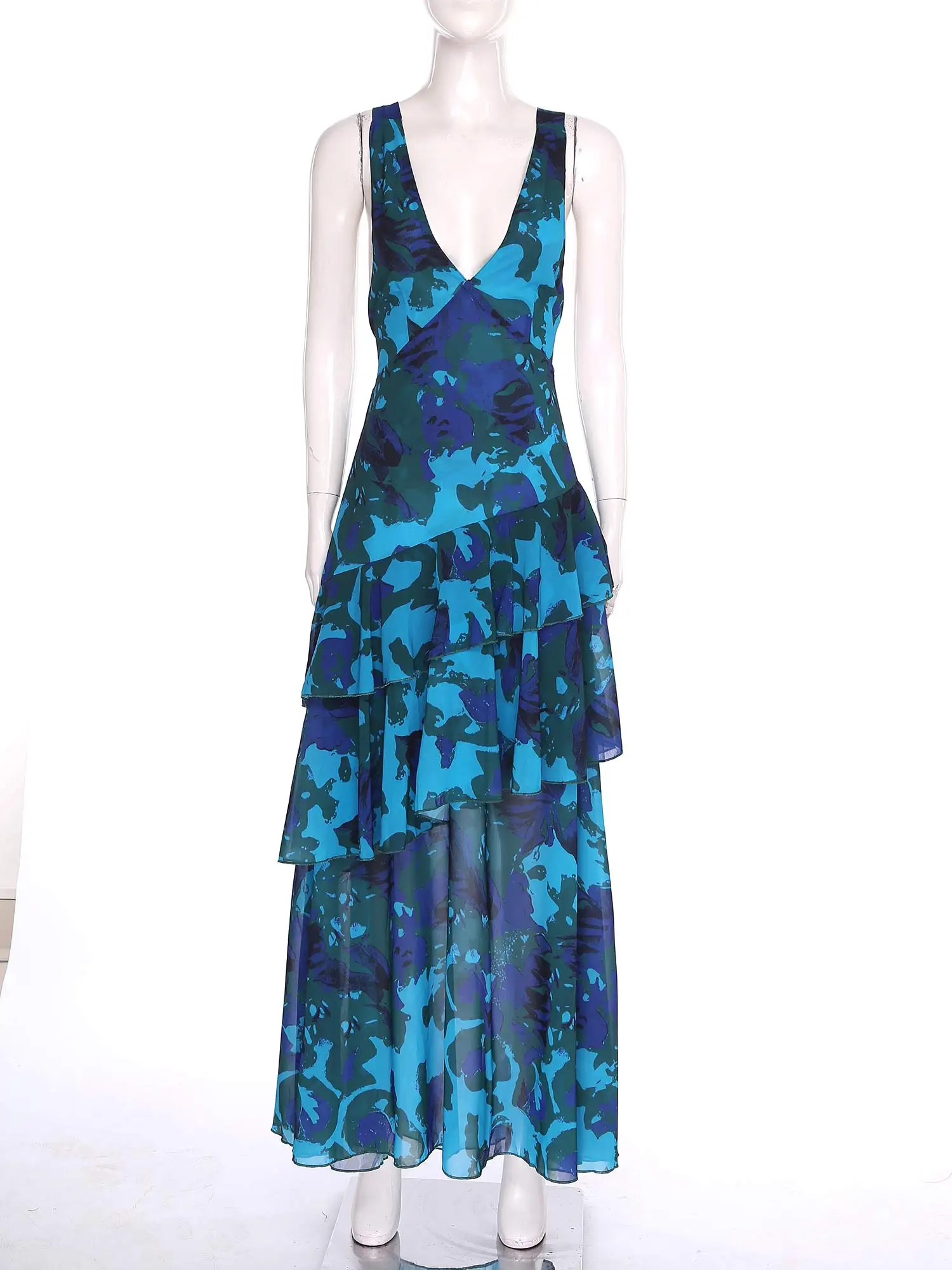 Eleganckie sukienki damskie w stylu boho retro, bez rękawów, z odkrytymi plecami, w kwiatowy wzór, letnia sukienka maxi z szyfonu, dekolt w serek, vestidos, sukienka damska.