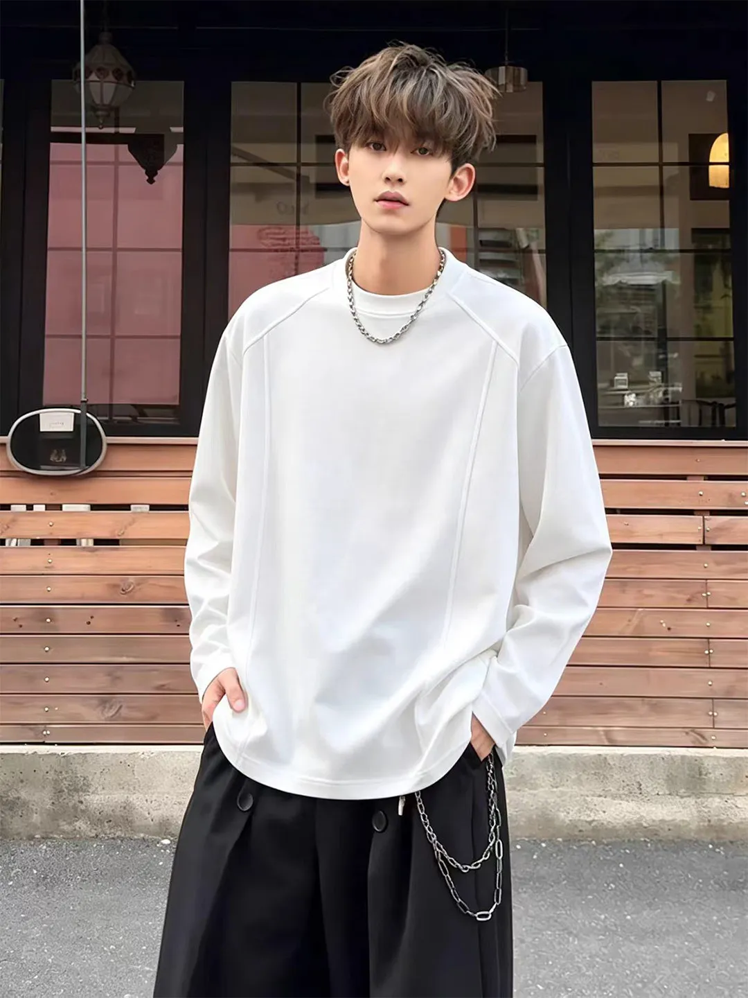 Black Long Sleeve Crew Neck T-Shirt Men's Style Autumn American Heavyweight Deconstructed Hoodie Base Layer Shirt