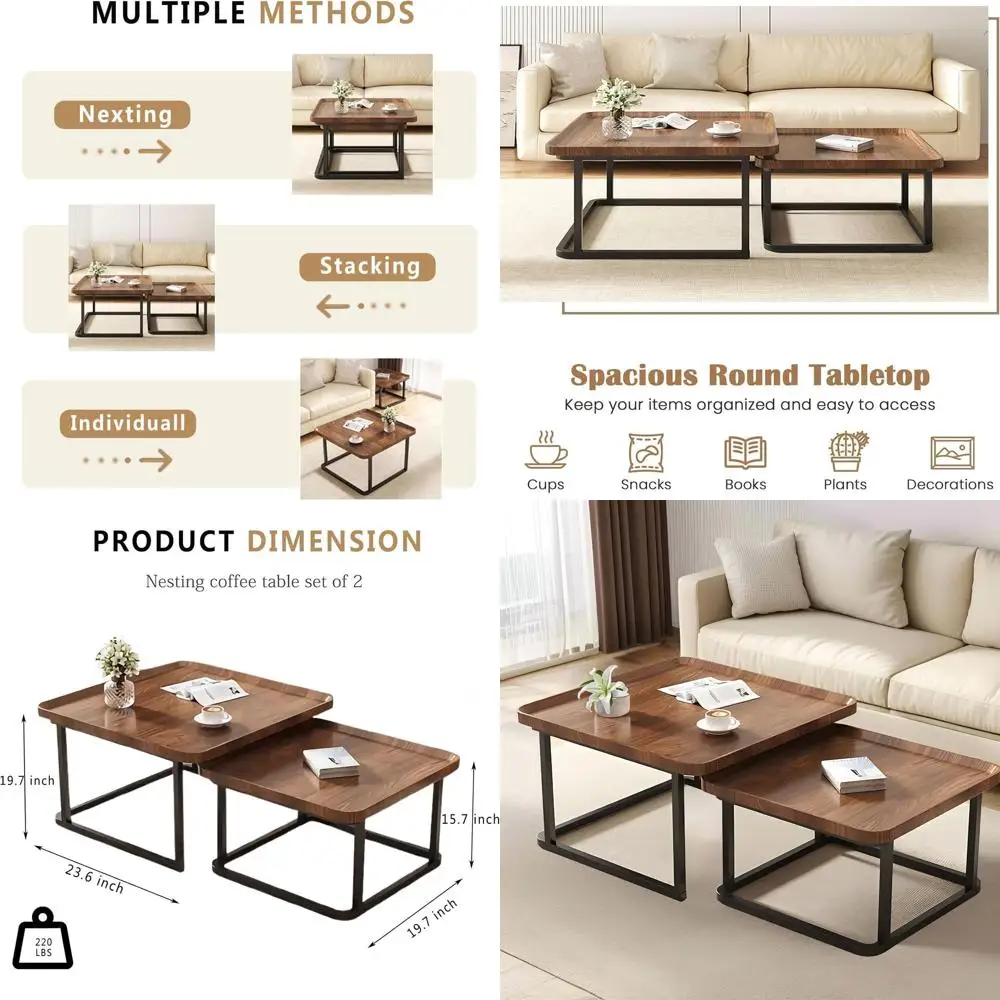 

Набор журнальных столиков из орехового дерева, 2 предмета, столы 23,6 и 19,7 дюймов, для гостиной, спальни или балкона