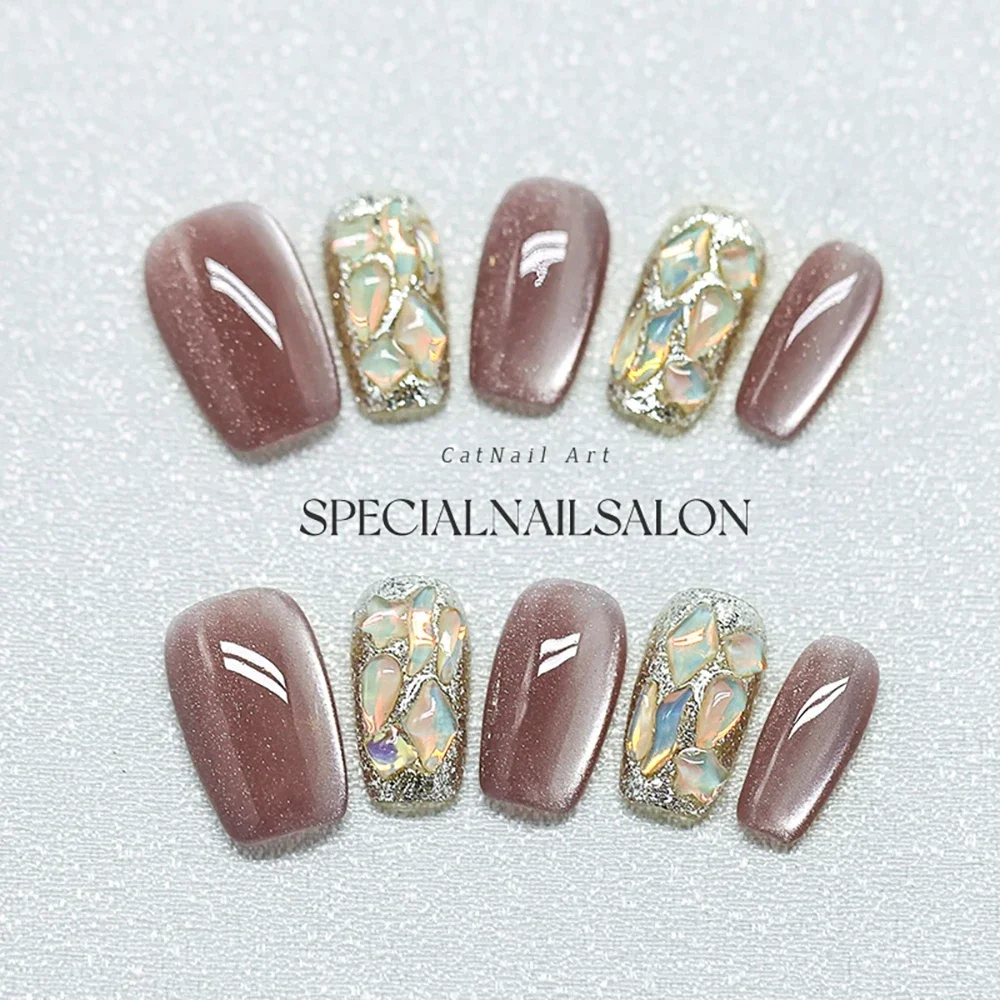 10Pcs Shiny Cat Eyes Handmade Hot Sell Press On Nails Kawaii Gradients Pearl Bowknot Awake Lion Wearable Full Cover Acrylic Nail