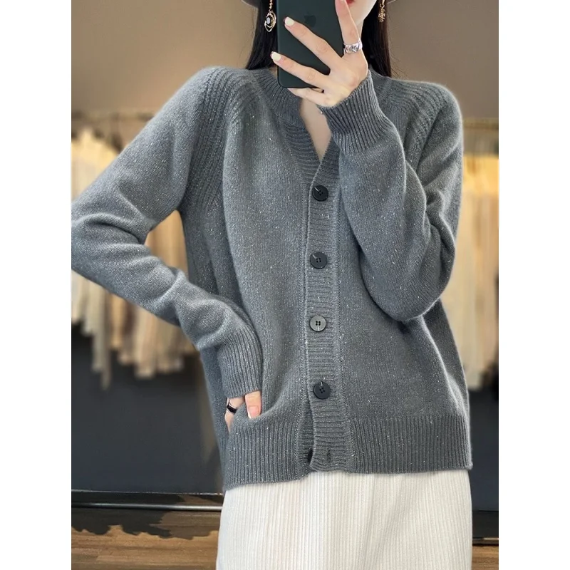 

High-End Knitted Sweater Cardigan Coat for Women No Pilling Early Autumn Dongguan Daliang V-Ne Long Sve Regular Thin