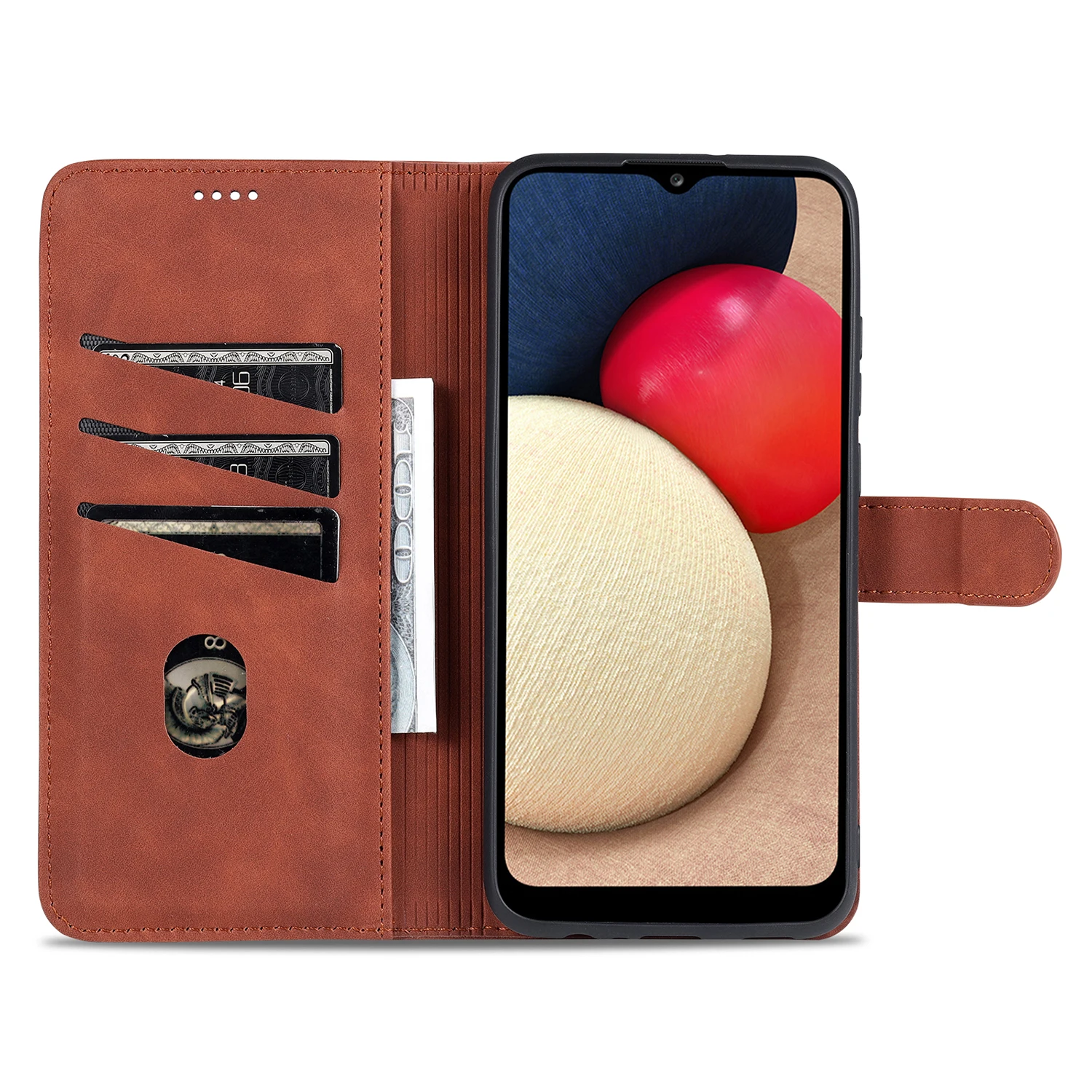 AZNS PU Leather Wallet Stand Protective Phone Cover Case for Samsung Galaxy A02s (166.5x75.9x9.2mm) - Brown