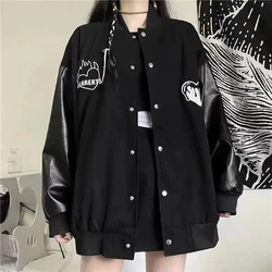 Women Black Coat Autumn Korean Harajuku Loose Jacket Streetwear Oversize Patchwork Leather Pure Baseball Uniform Outerwear