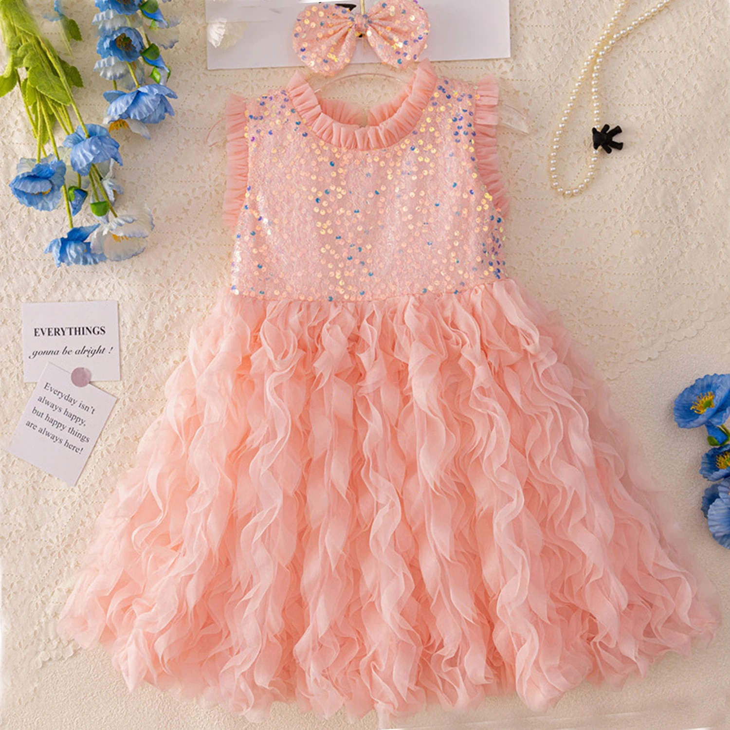 

Elizabeth Fashion Little Girls Sequined Ruffled Birthday Party Graduation Ceremony Formal Easter Dress with Bow