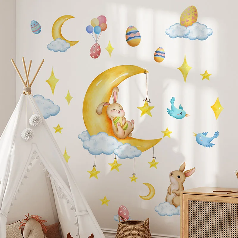 1 ชิ้นการ์ตูนอีสเตอร์ไข่ดวงจันทร์กระต่ายดาวสติ๊กเกอร์ติดผนัง ทําจากวัสดุพีวีซี กันน้ํา นํากลับมาใช้ใหม่ได้ เหมาะสําหรับห้องนั่งเล่น