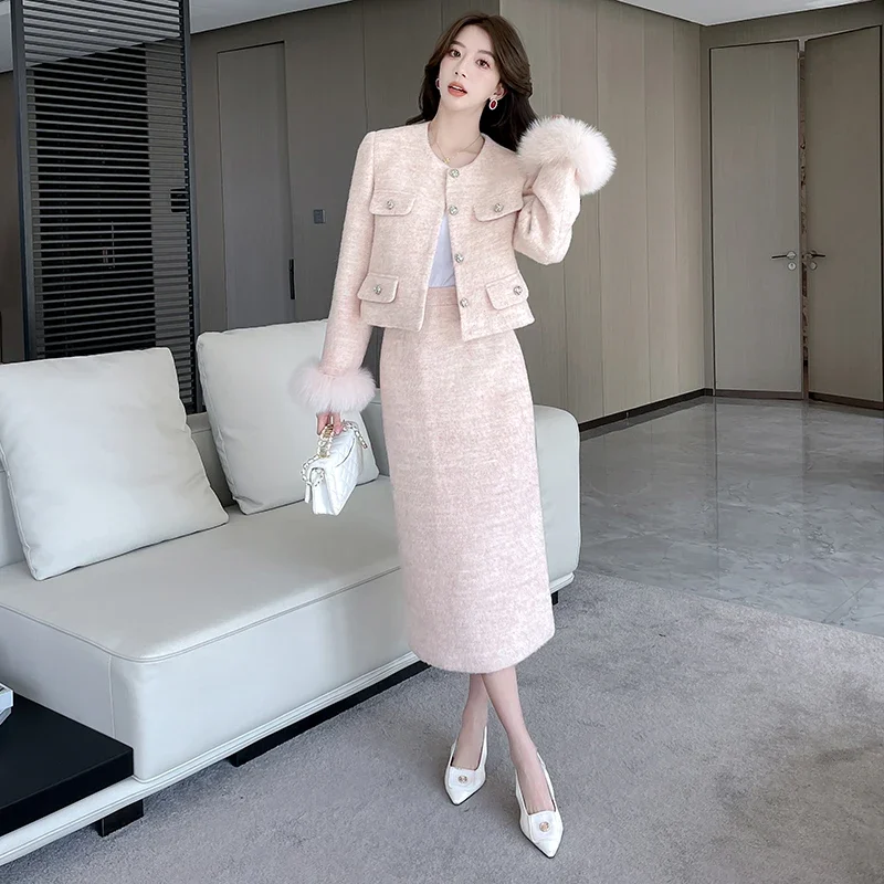 Gentle Elegant Woolen Women's Suit Jacket 2024 Autumn and Winter High-end Gray Slim-fit Down Coat Top Long Skirt Two-piece Set