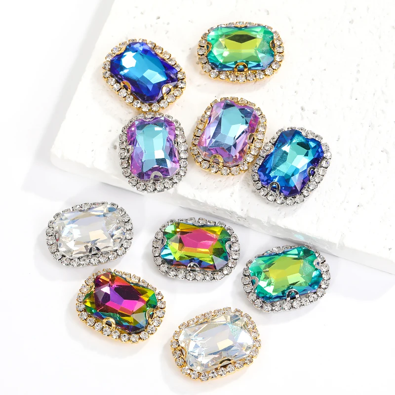 

10Pcs Rectangle Shape Glass Crystal Rhinestone Chain Silver Metal Claw Settings Sew-On DIY Jewelry Trim for Clothes & Shoes