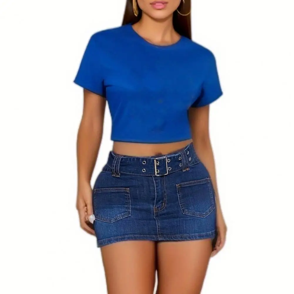 Women A-line Denim Skirt Stylish with Adjustable Belt Pockets Mid-rise Wrapped Mini Skirt for Summer 2024