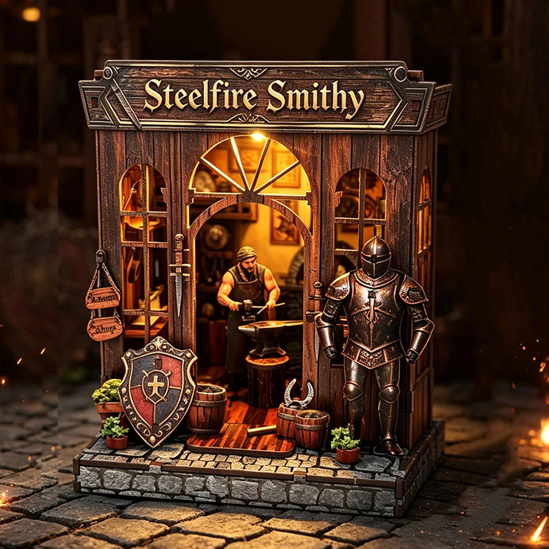DIY Wooden Book Nook Figurines Miniatures Steelfire Smithy Bookend Bookshelf for Friends Birthday Gifts Home Decor Crafts