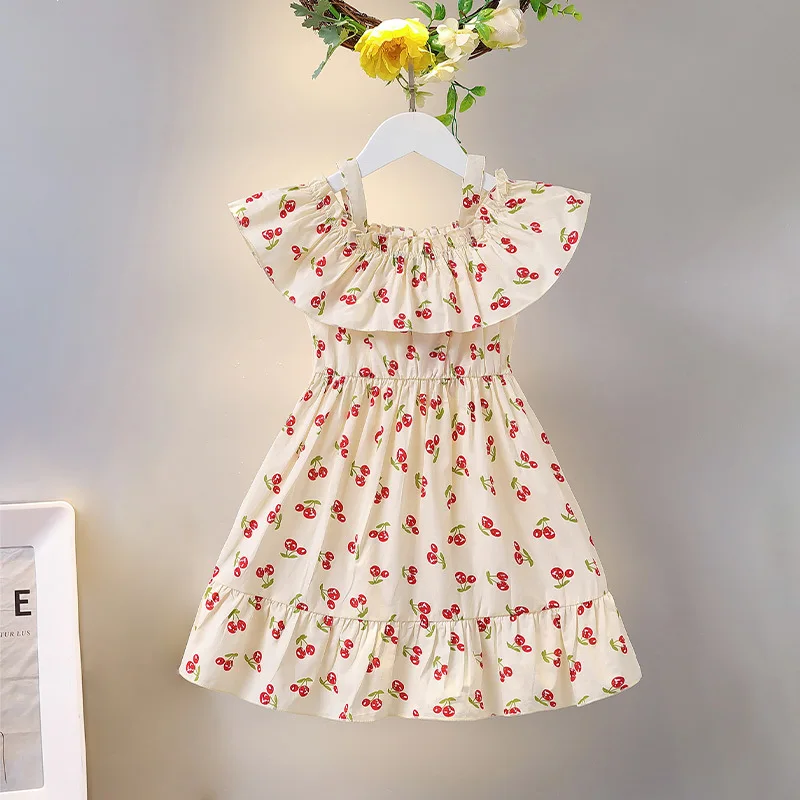 Girls Dress 2024 Summer Cotton Fan-neck Cute Princess Dress Suspenders Chic Skirt Simple Casual Style All-match Kid Dress