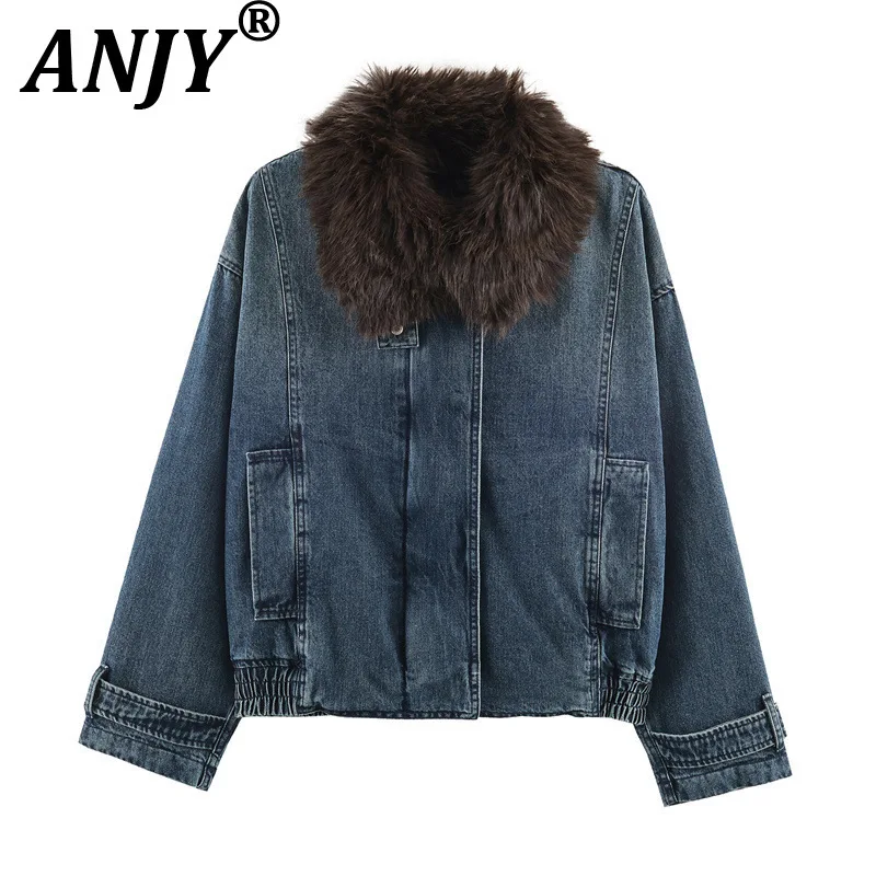 

ANJY Autumn Winter New Women American High Street Fashion Casual Denim Jacket High-End Chic Flocking On The Neckline Coat A17747
