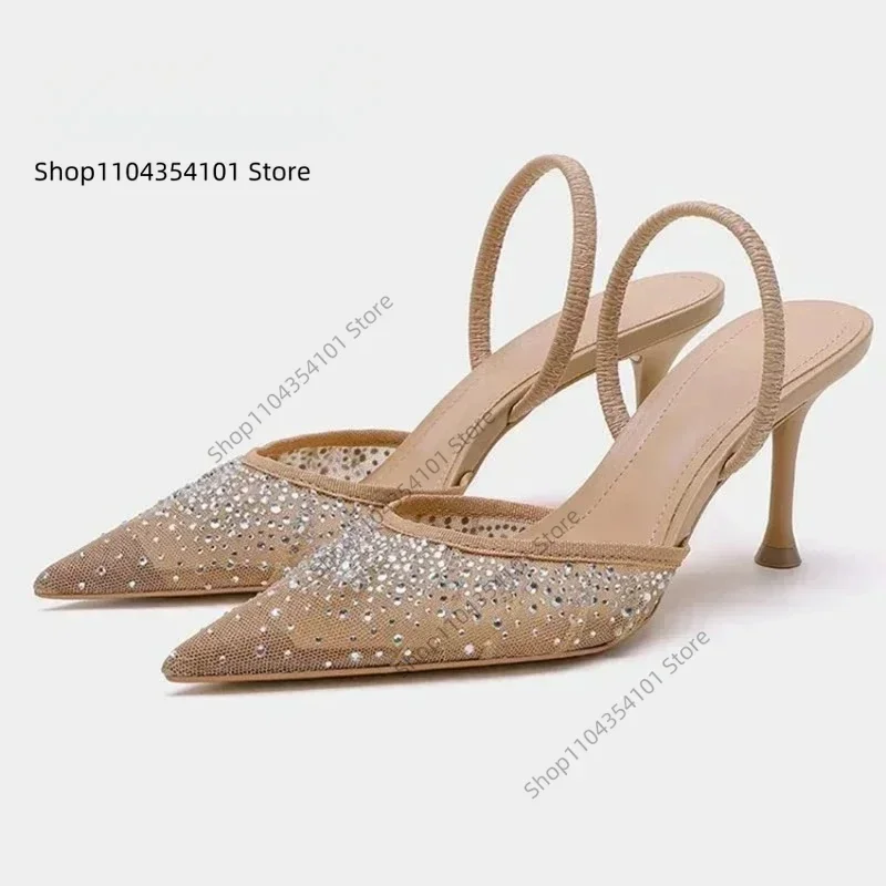

New Summer Women's Sandals Rhinestone Bright Mesh High Heels Footwear Elegant Slingback Pointed Slip on Party Lady Pumps Shoes