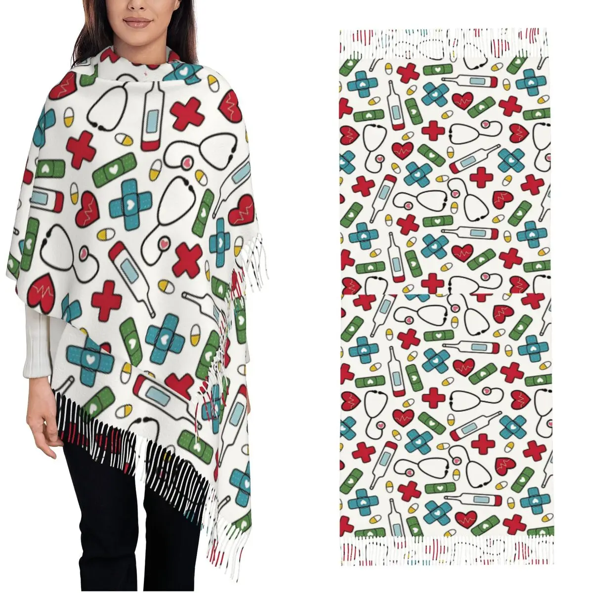 

Medical Theme Cartoon Scarf Design for Medical Workers and Enthusiasts Large Scarves with Long Tassel Shawls Wrpas Foulard