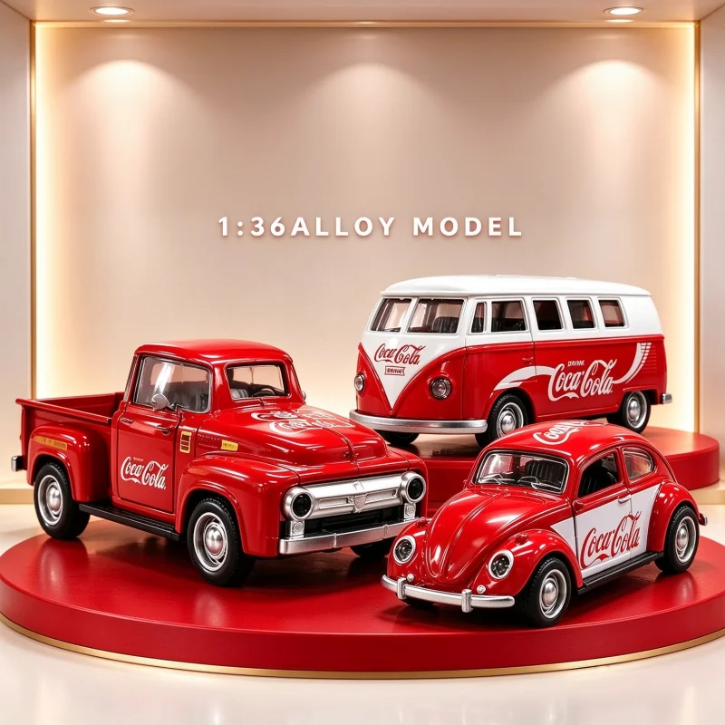 1/36 Vintage Diecast Vehicle Collection, Retro Pickup Truck Classic Bus Beetle Alloy Car Model, Pull Back Function, Home Office