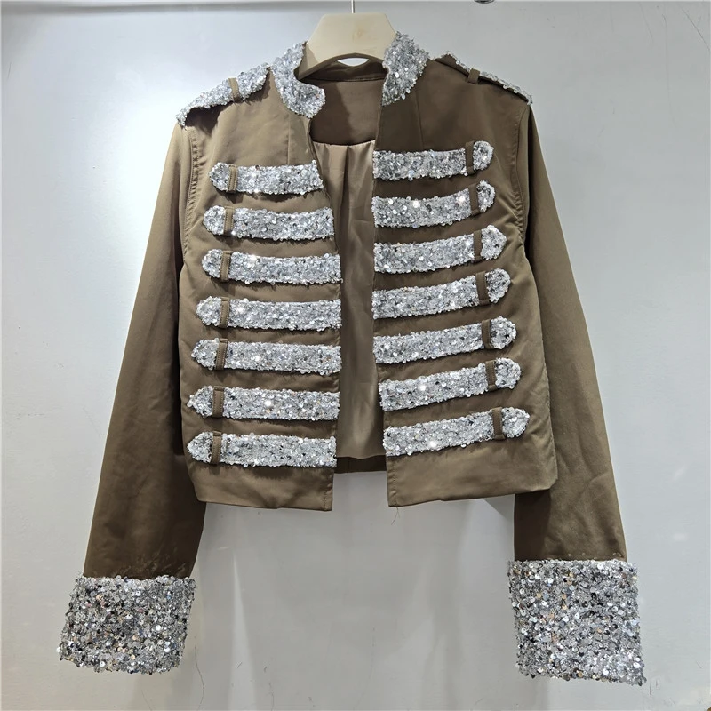 Streetwear Heavy Work Sequins Short Cardigan Jacket Autumn Vintage Stand Collar Long Sleeve Women Outerwear Grey Coffee Color