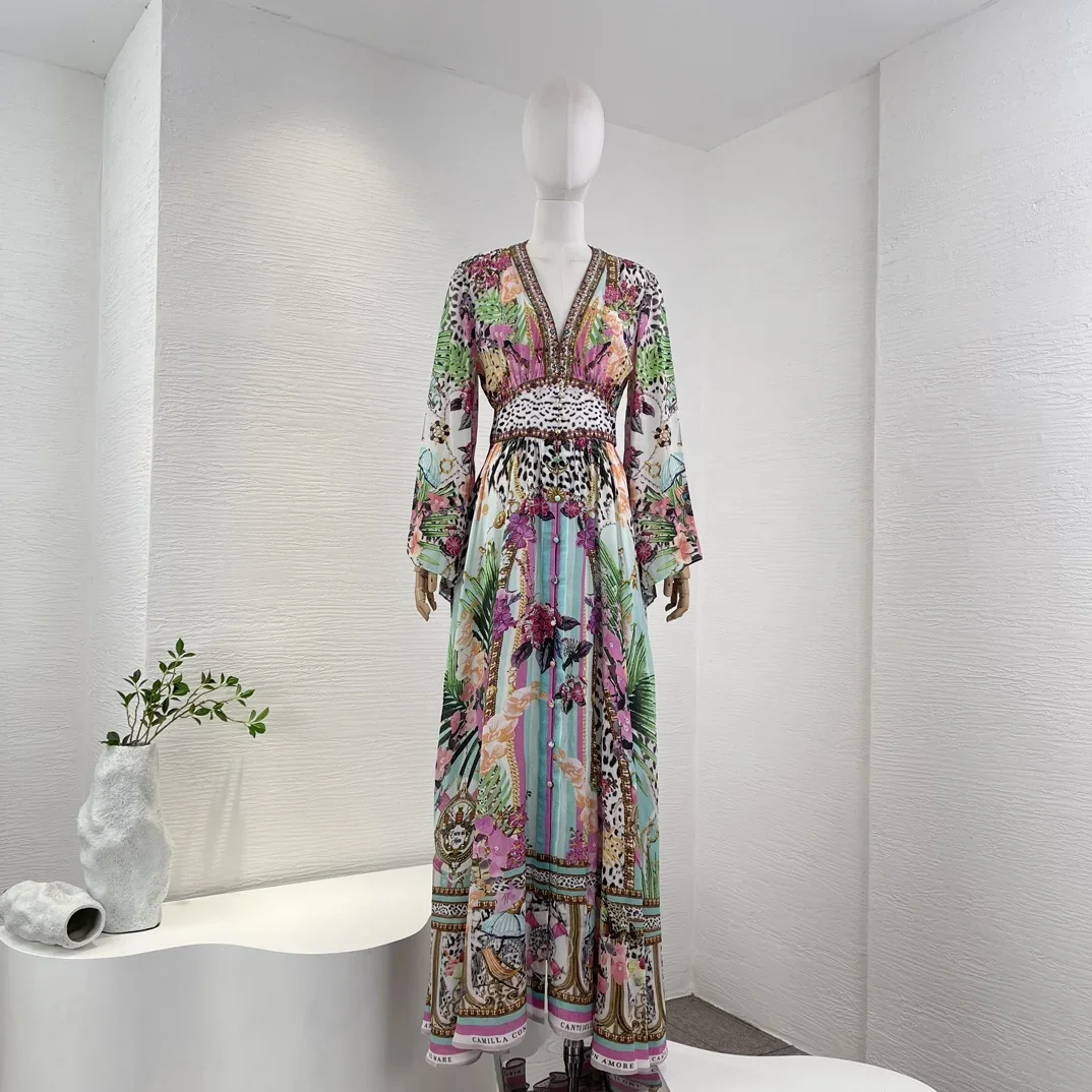 

Long Sleeve Flower Printing Slight Strech Silk Spring 2024 Maxi Dress