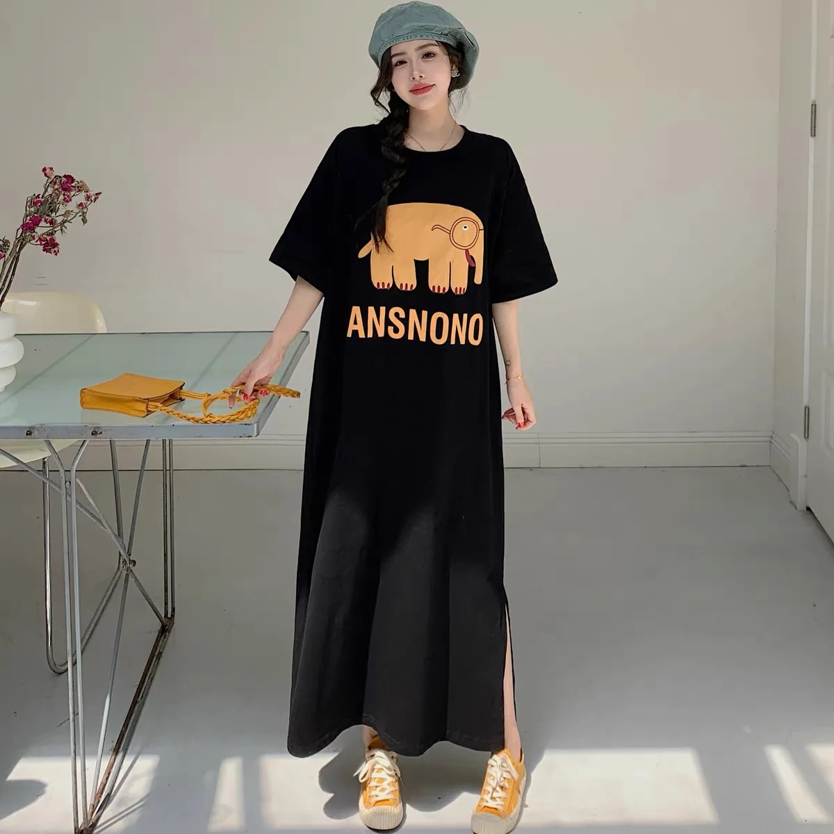 T-shirt ample mi-long, jupe coréenne Sle ort Sve, vêtements d'extérieur fendus, en Polyester, pour les déplacements, h-ape, été Dr