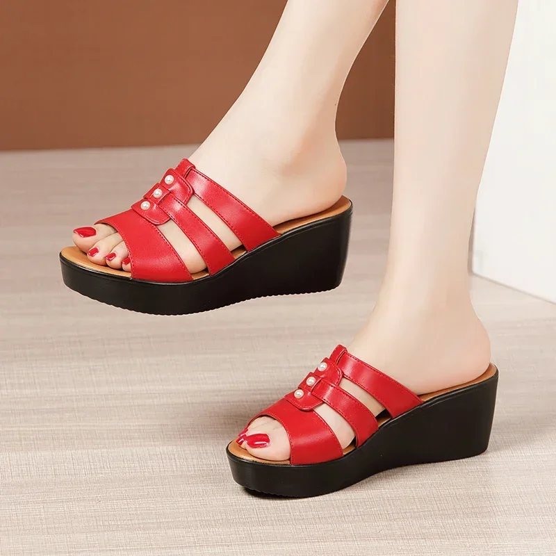 6cm Small Size 32-43 Fashion Red White Black Platform Wedges Shoes Summer 2024 Women\'s Med Heels Soft Leather Slippers Beach Mom