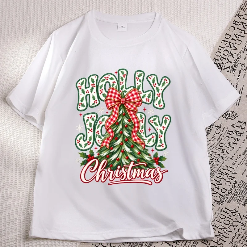 Christmas Tree Graphic T Shirts Woman Holly Berry Tree Design T-shirt Casual Round Neck Printed Tshirt Men Women Clothes