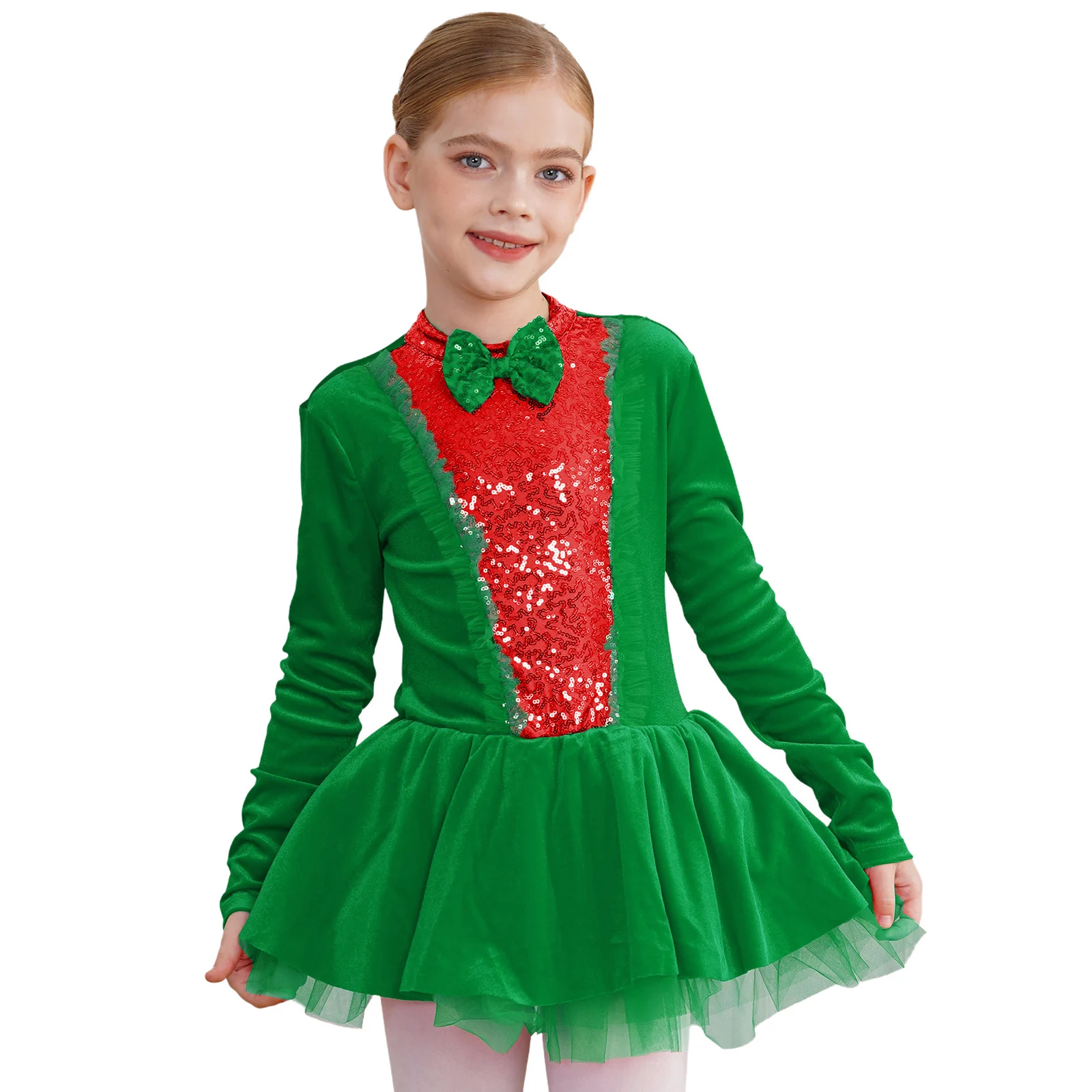 

Kid Girl Christmas Dance Costume Long Sleeve Back Hollow Bow Tie Sequins Velvet And Mesh Patchwork Multi-Layer Puffy Skirt