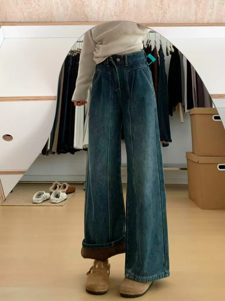 American Sle plus Size Women's Fce Lined Thiened Vintage Straight Leg Jeans Autumn Winter Loose Drapey Wide Leg Pants