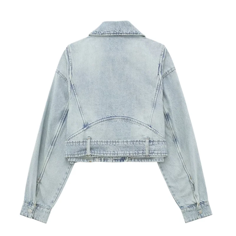 

Traffic 2025 Short Biker Women's Fashion Belt Stylish Light Blue Belt Style Elegant Coat Early Autumn New Mode