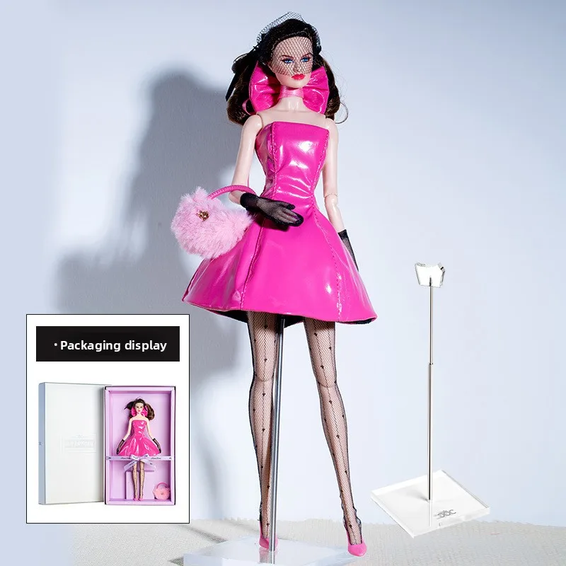 32 cm Supermodel Puppe Mit Kleidung Mit Puppe Halter Anzug Mode Rosa Leder Rock Prinzessin Dress Up DIY Spielzeug Sammler geschenk Box