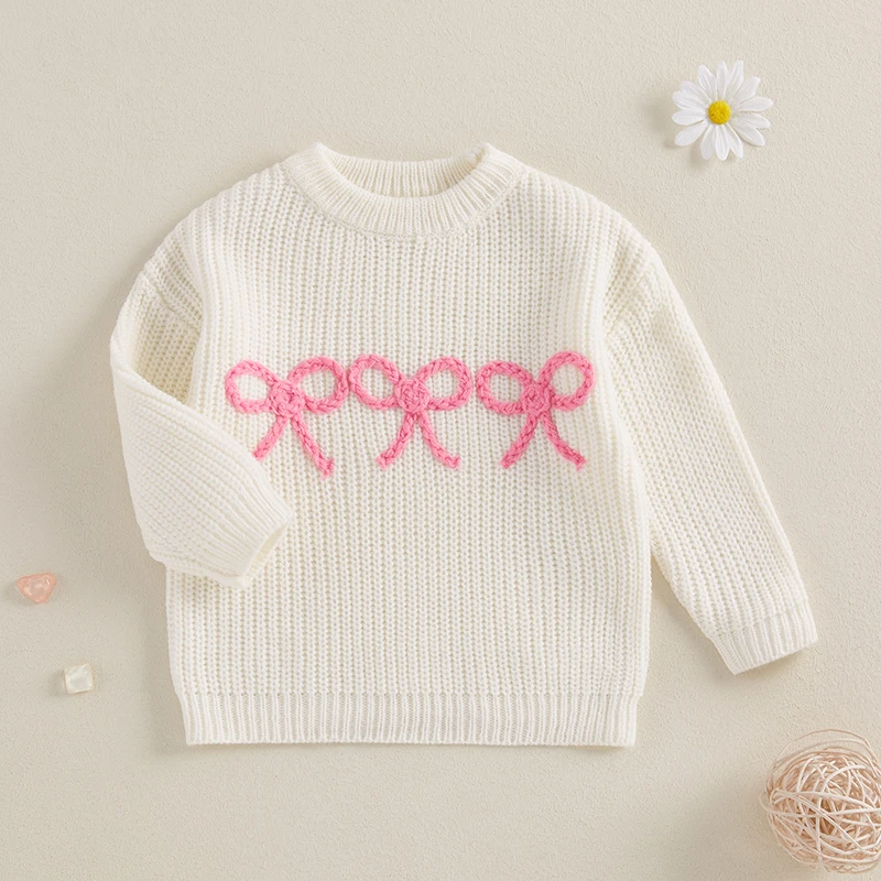 Newborn Girl Sweater Casual Bow Embroidery Warm Knitted Long Sleeves Pullover Infant Knitwear for Toddler