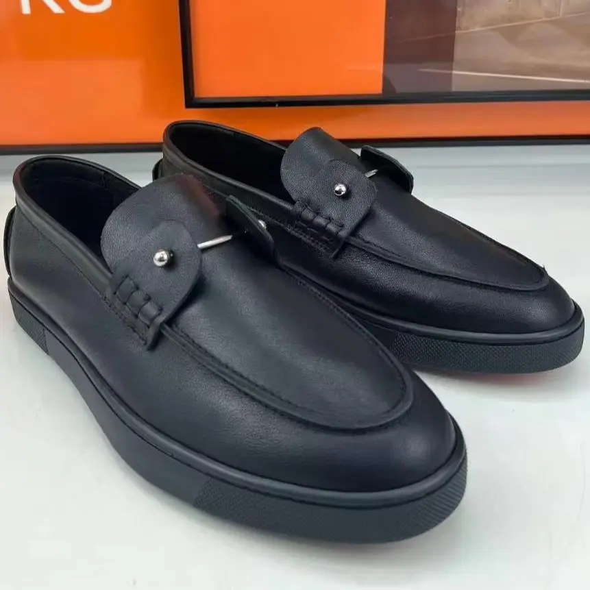 Luxury Low Top Men's Silver Rivet Button Full Black Leather Lace Up Loafers Premium Red Bottom Classic Casual Women Boat Shoes