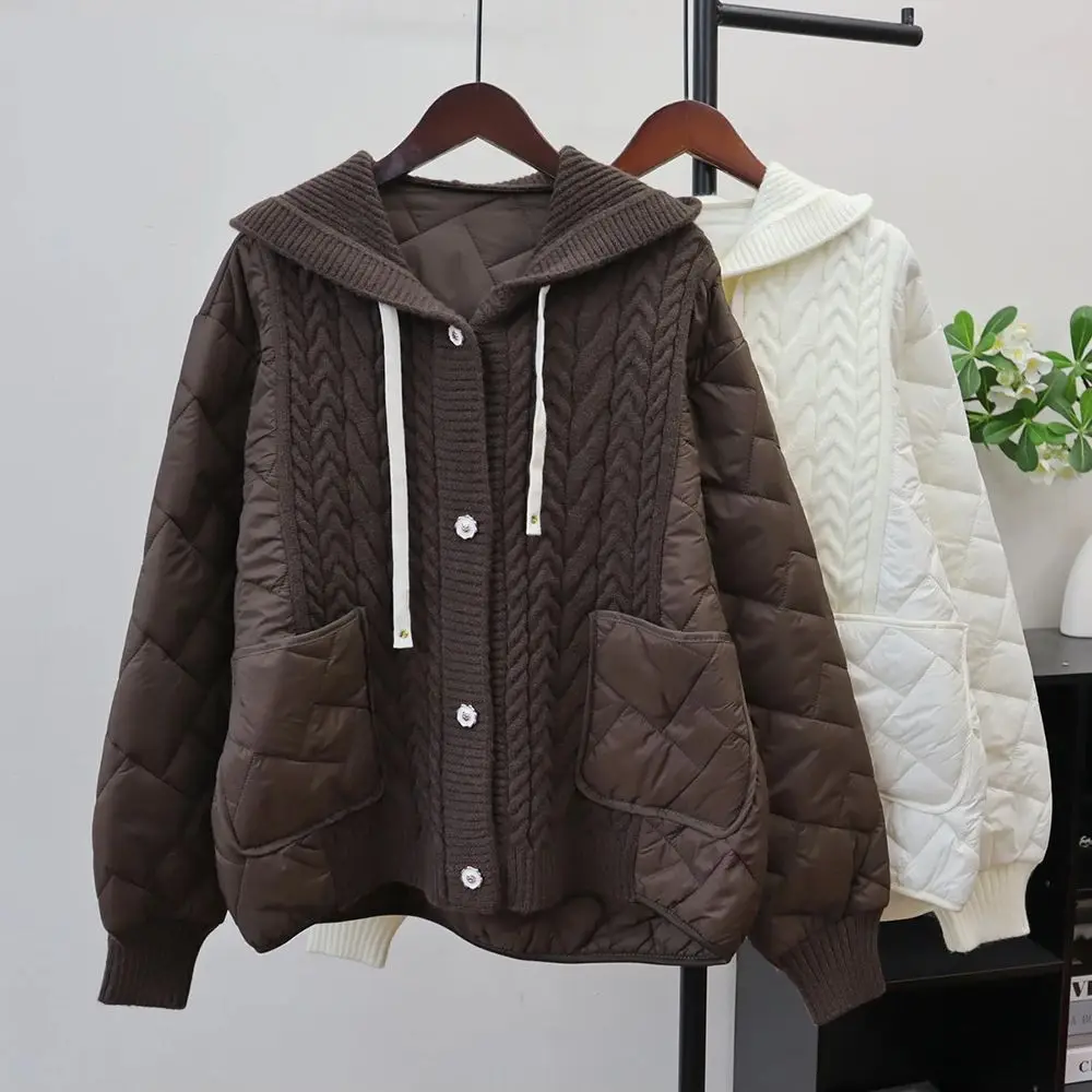 

Женское утолщенное лоскутное хлопковое пальто с капюшоном, зимний повседневный вязаный кардиган, свободный свитер, куртки с хлопковой подкладкой, верхняя одежда