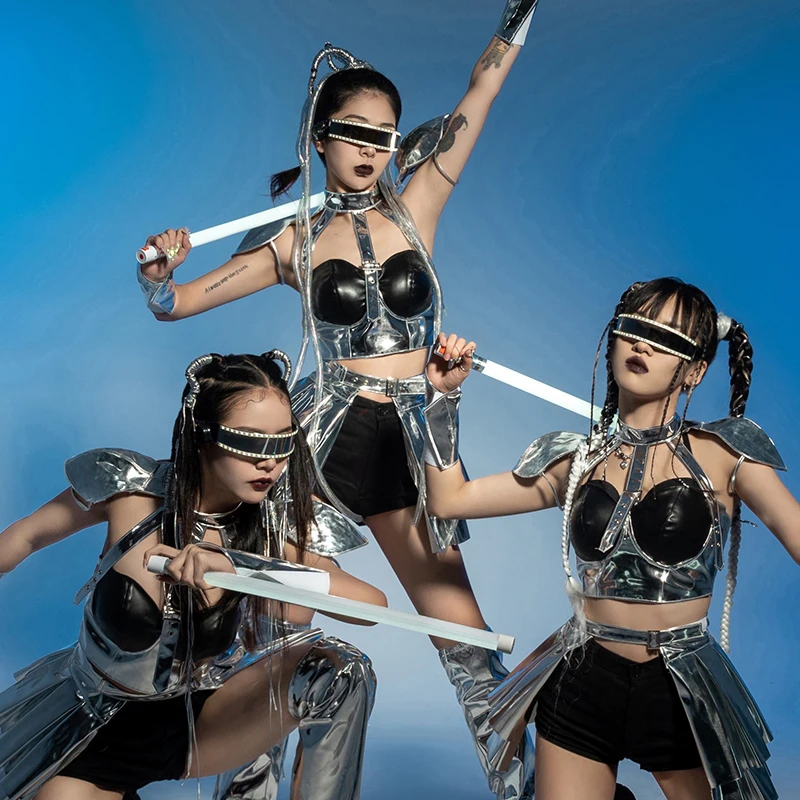 실버 퓨처 센스 재즈 댄스 의상 Kpop 의류 나이트 클럽 바 고고 댄서 무대 의류 파티 축제 레이브 복장 yj289