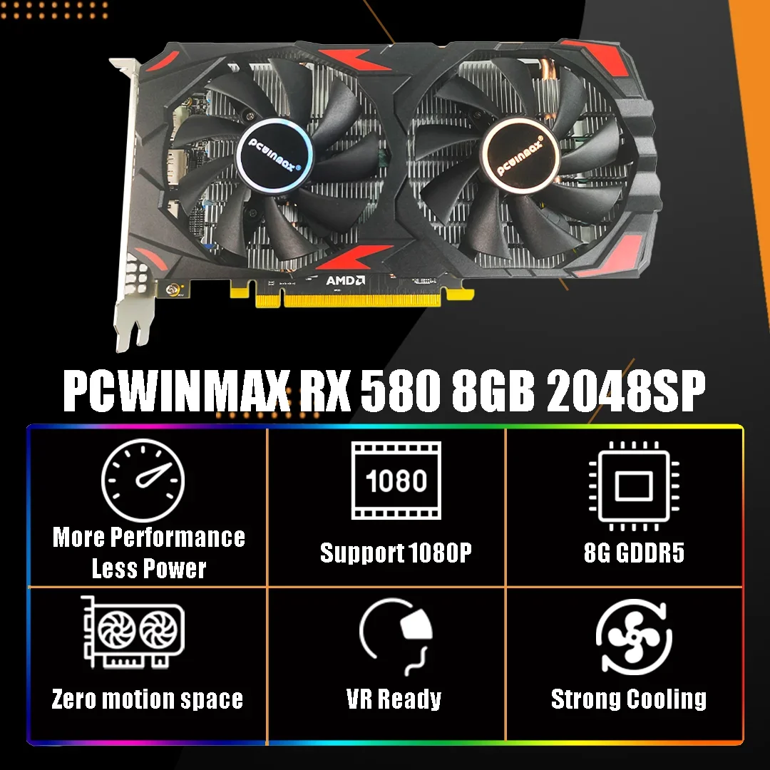 Pcwinmax nova placa gráfica rx 580 8 gb 2048sp ddr5 256bit gaming gpu desktop placa de vídeo rx580 8gb